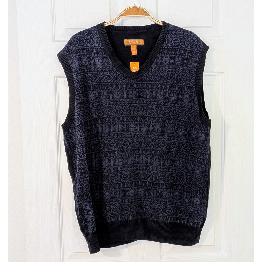 Savane‎ Sweater Vest V-Neck Patterned Sleeveless Knit Top Layering L NWT